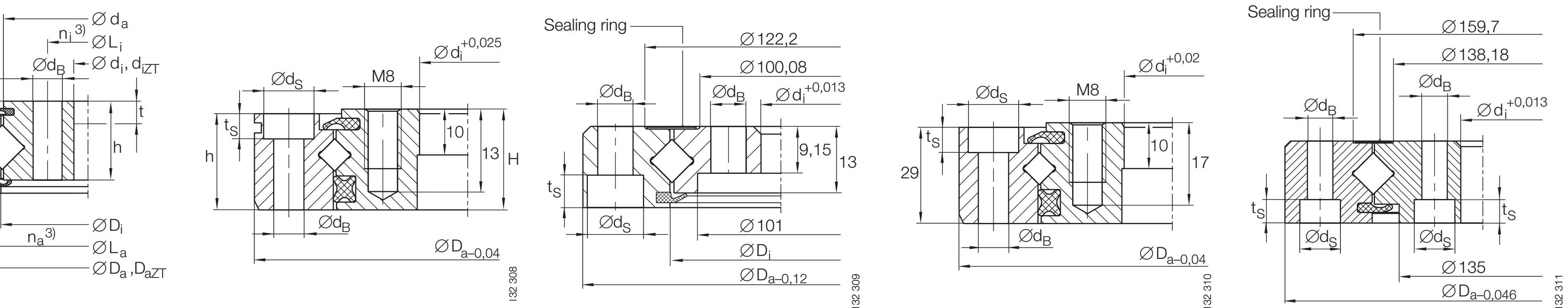 INA XU 050077 slewing bearing replacement dimensional drawing