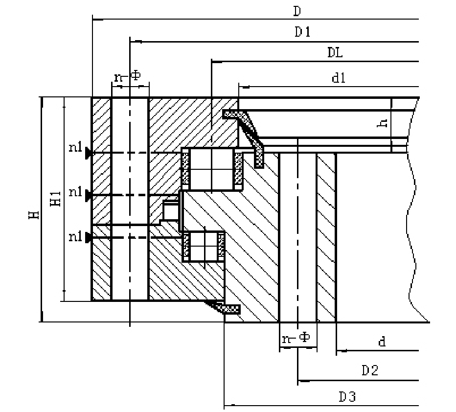 130 Series Ungeared Three Row Roller Slewing Bearings section drawing