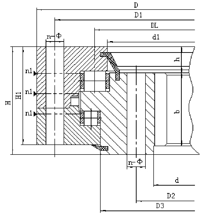 133/134 Series Internal Gear Three Row Roller Slewing Bearings section drawing