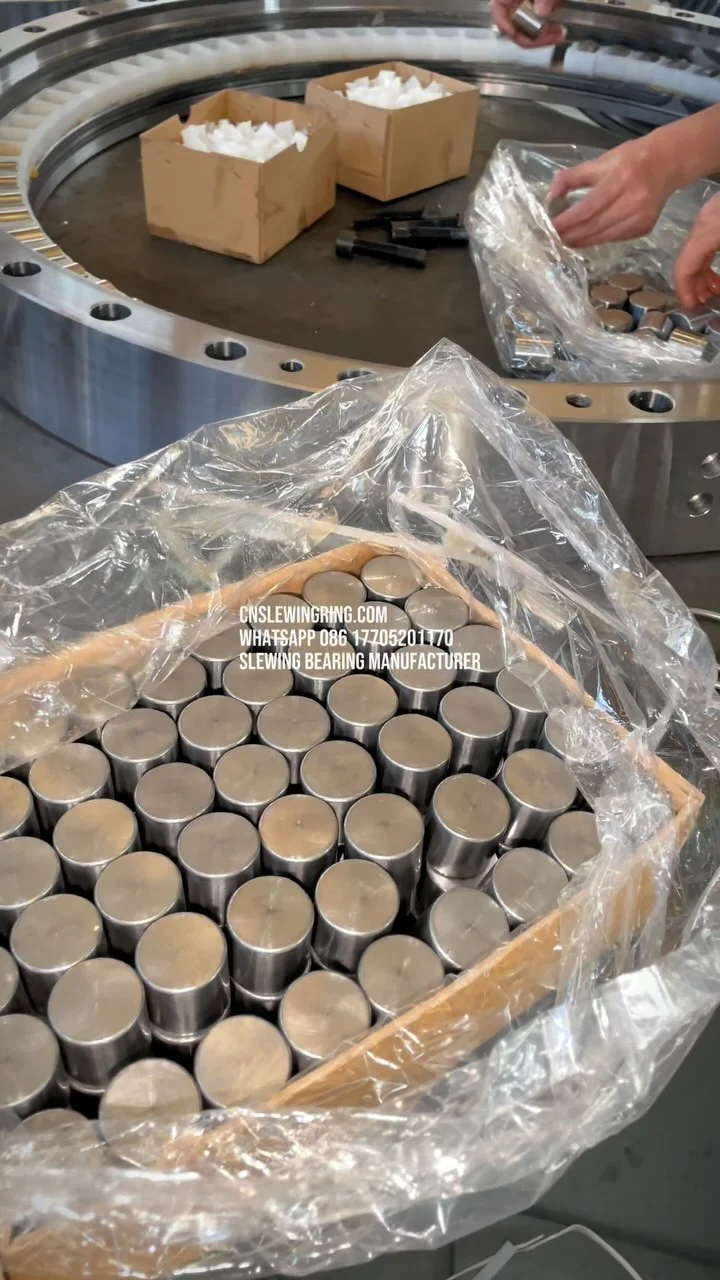 Three rows of roller slewing bearings. This is the first layer of rollers and spacers being installed.