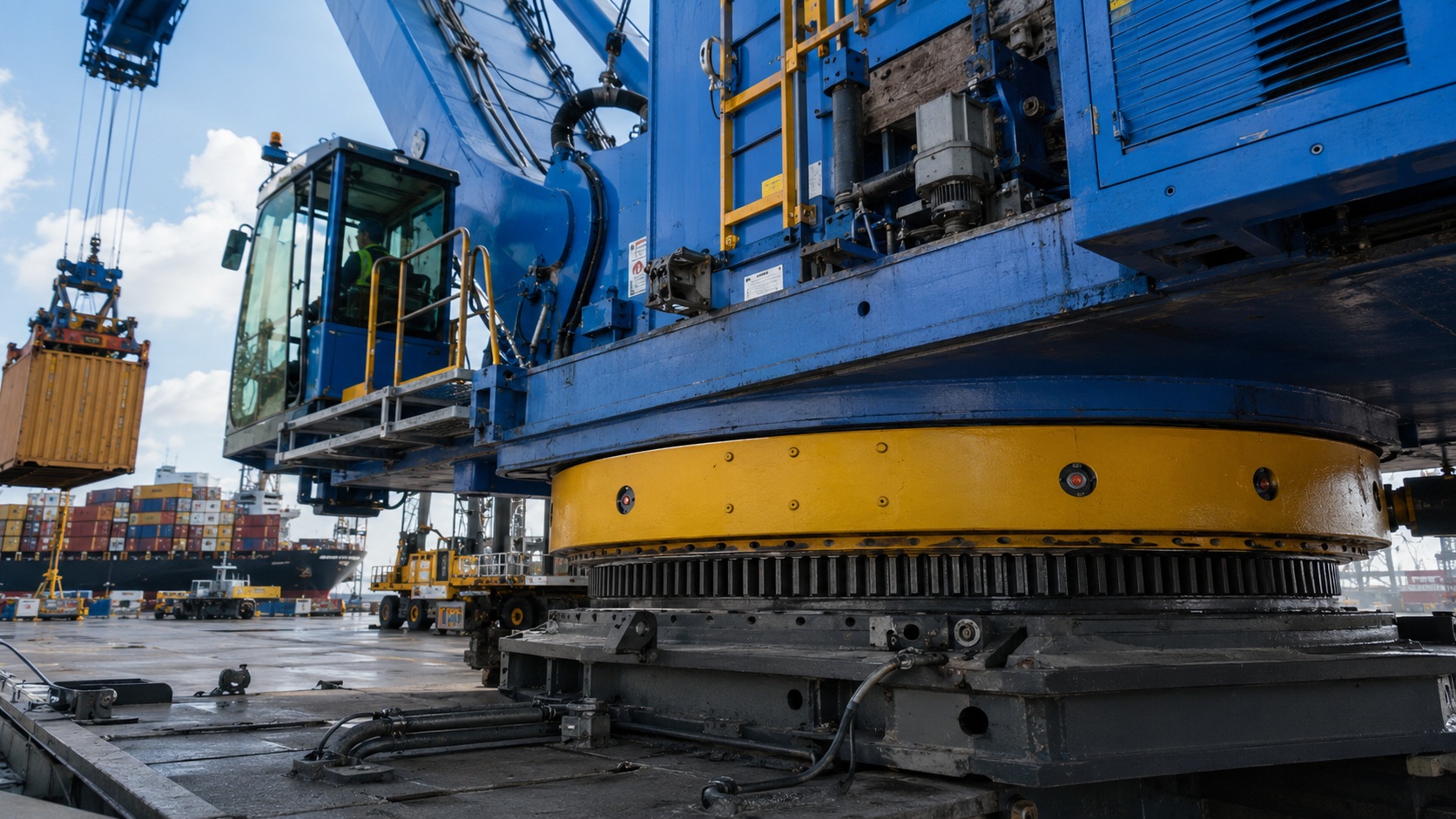 Hardened gear teeth of a port crane slewing bearing