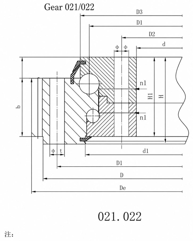021/022 Series External Gear Double Row Ball Slewing Bearings section drawing