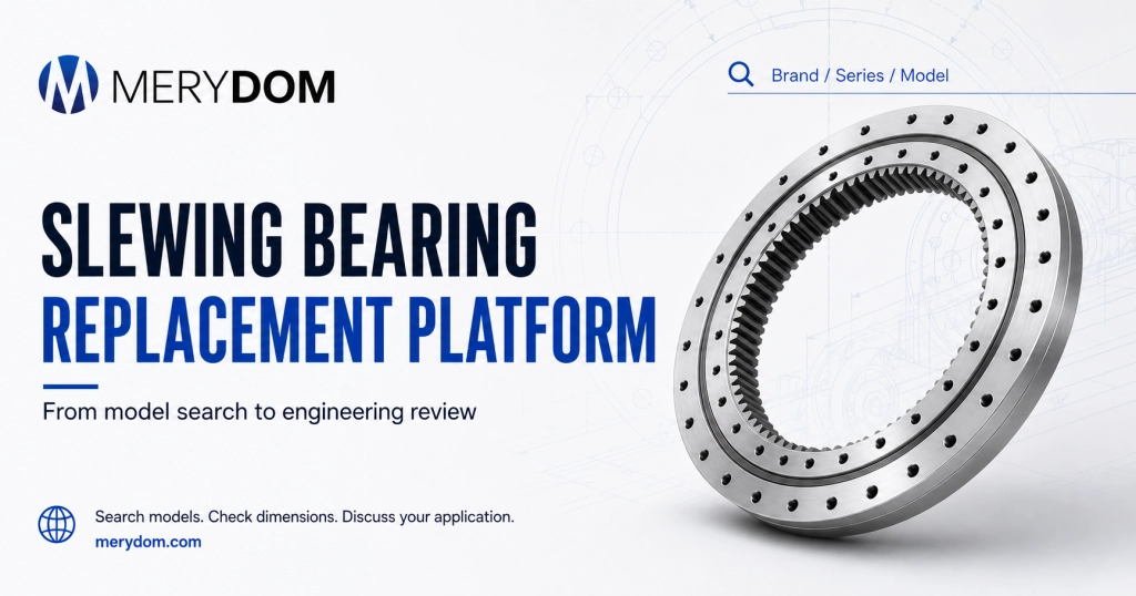MERYDOM slewing bearing replacement platform: from model search to engineering review, illustrated with an internal-gear slewing bearing.
