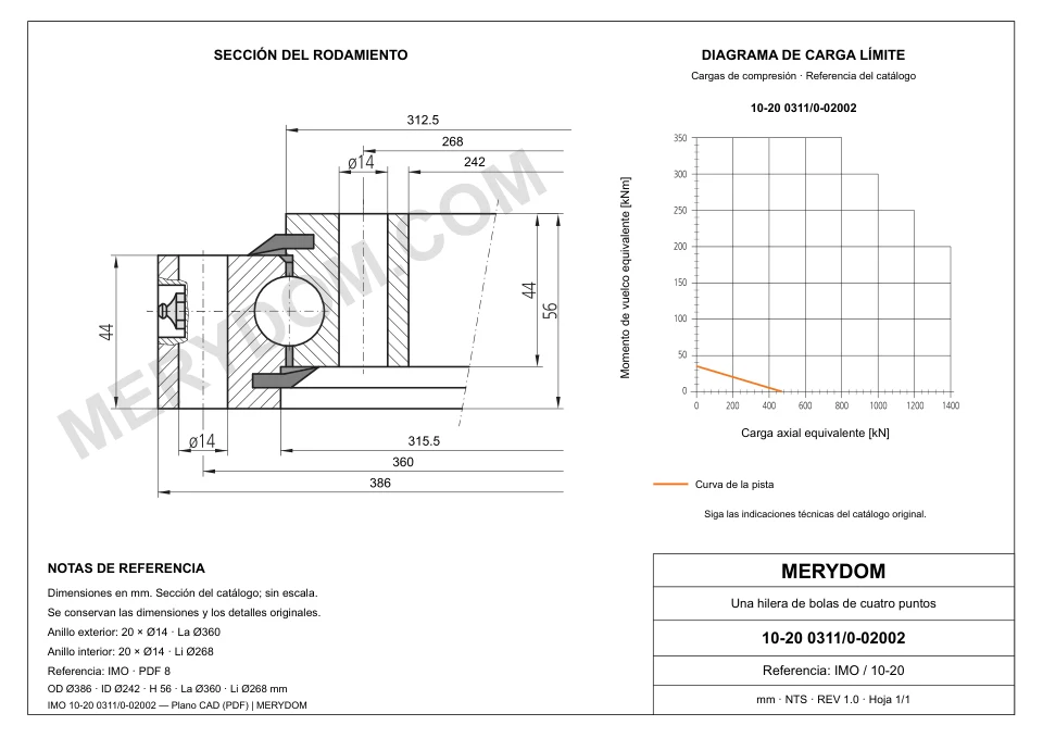 Plano CAD de la corona de giro de sustitución MERYDOM para IMO 10-20 0311/0-02002, con dimensiones y orificios de montaje.