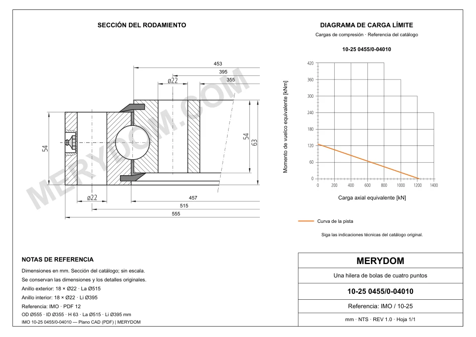 Plano CAD de la corona de giro de sustitución MERYDOM para IMO 10-25 0455/0-04010, con dimensiones y orificios de montaje.