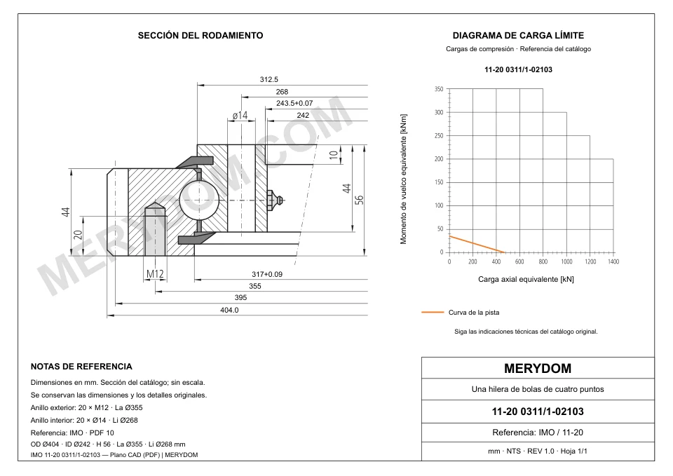 Plano CAD de la corona de giro de sustitución MERYDOM para IMO 11-20 0311/1-02103, con dimensiones y orificios de montaje.