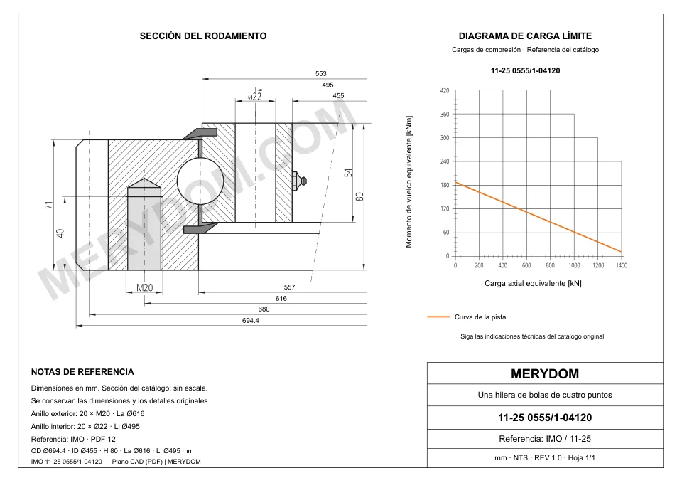 Plano CAD de la corona de giro de sustitución MERYDOM para IMO 11-25 0555/1-04120, con dimensiones y orificios de montaje.