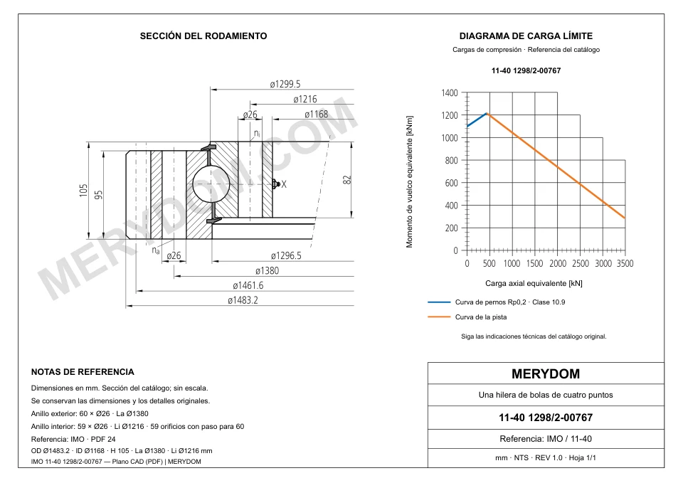 Plano CAD de la corona de giro de sustitución MERYDOM para IMO 11-40 1298/2-00767, con dimensiones y orificios de montaje.