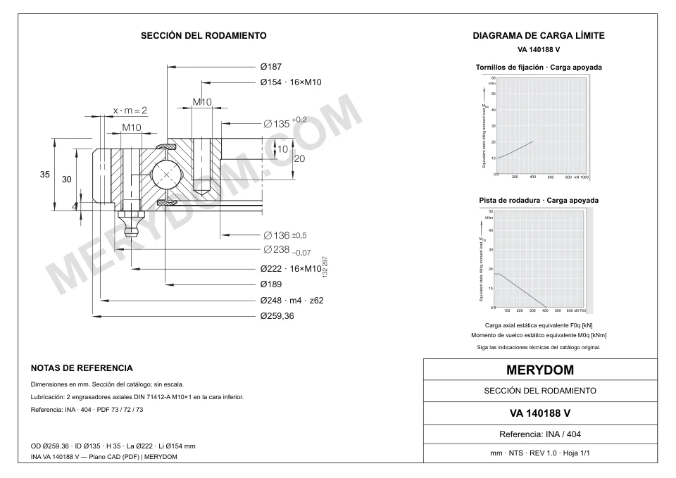 Plano CAD de la corona de giro de sustitución MERYDOM para INA VA 140188 V, con dimensiones y orificios de montaje.