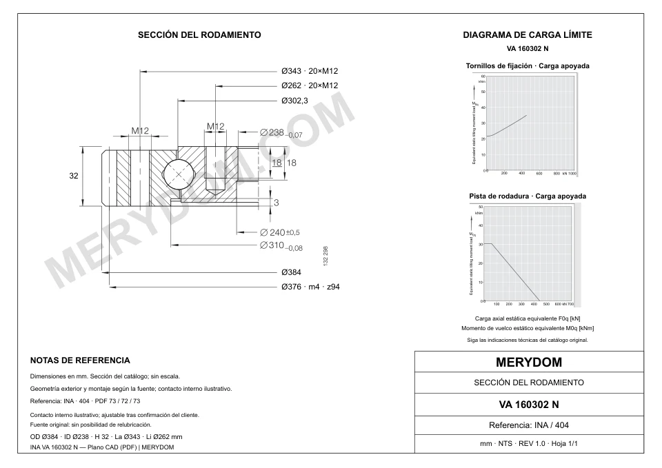 Plano CAD de la corona de giro de sustitución MERYDOM para INA VA 160302 N, con dimensiones y orificios de montaje.