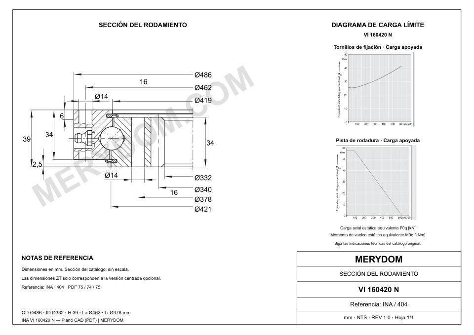 Plano CAD de la corona de giro de sustitución MERYDOM para INA VI 160420 N, con dimensiones y orificios de montaje.