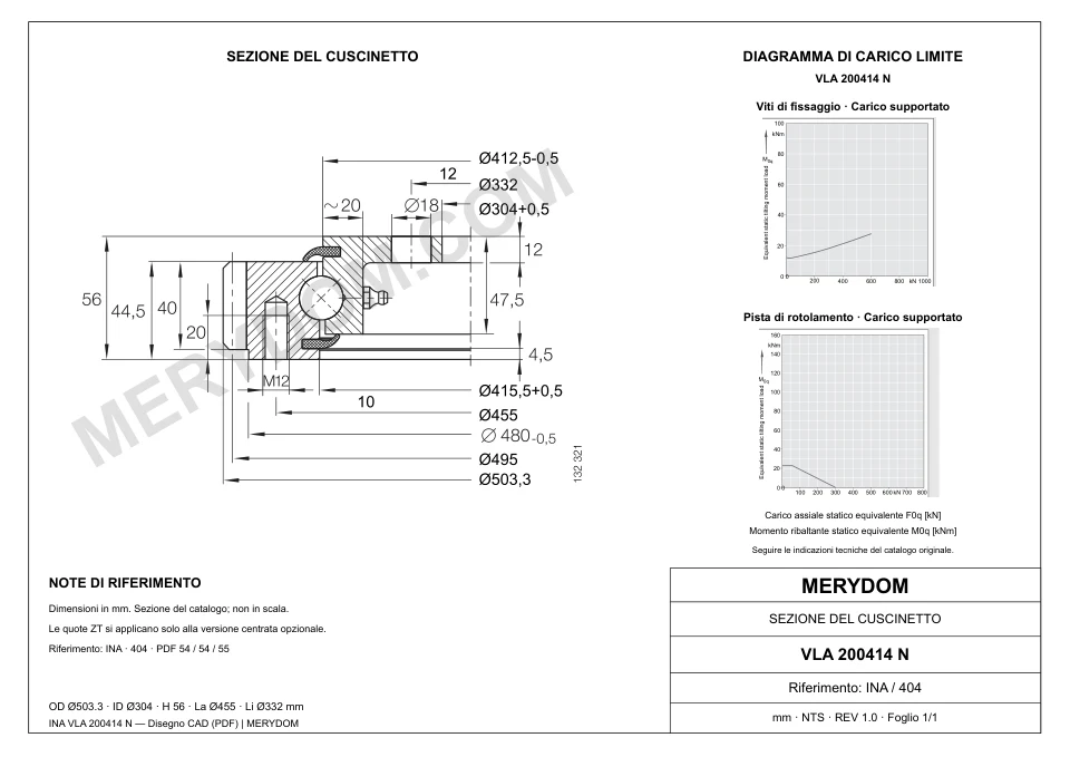 Disegno CAD del cuscinetto di rotazione sostitutivo MERYDOM per INA VLA 200414 N, con dimensioni e fori di montaggio.
