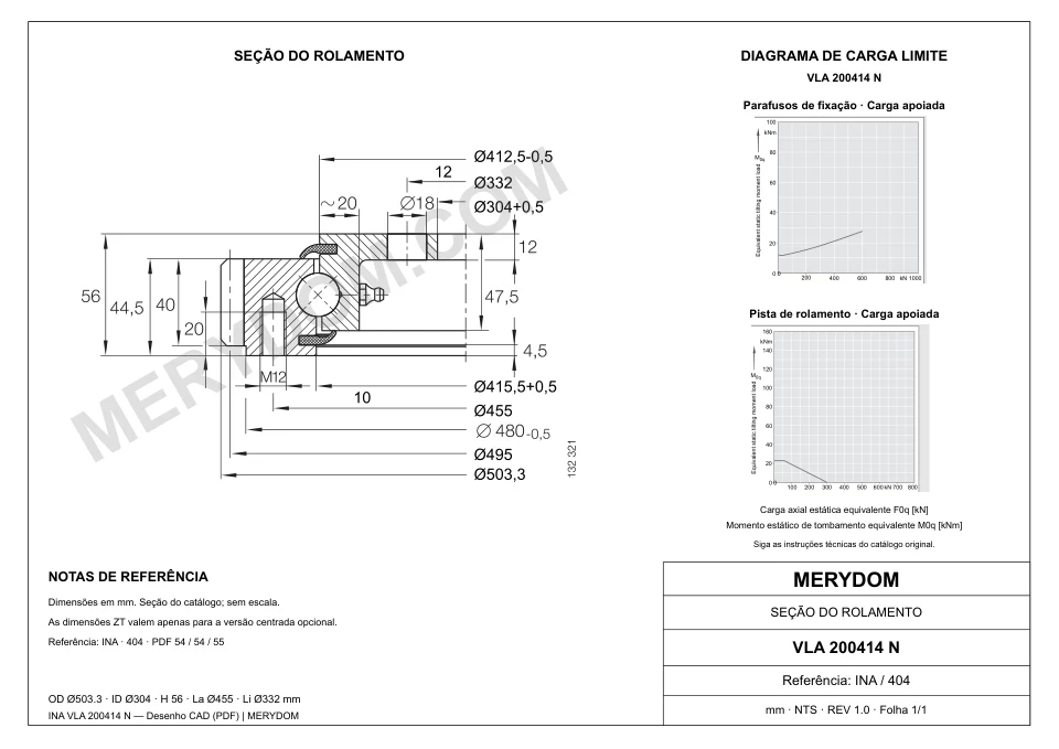 Desenho CAD do rolamento de giro de substituição MERYDOM para INA VLA 200414 N, com dimensões e furos de montagem.