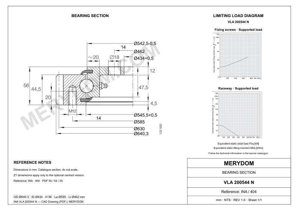 CAD drawing of the MERYDOM replacement slewing bearing for INA VLA 200544 N, showing dimensions and mounting holes.