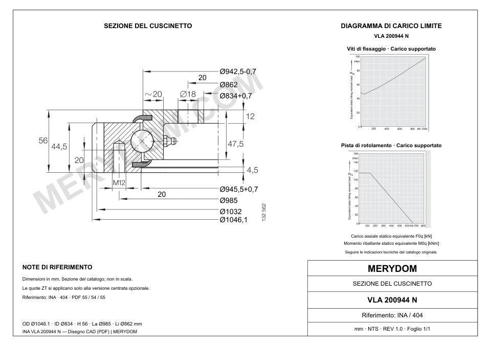 Disegno CAD del cuscinetto di rotazione sostitutivo MERYDOM per INA VLA 200944 N, con dimensioni e fori di montaggio.