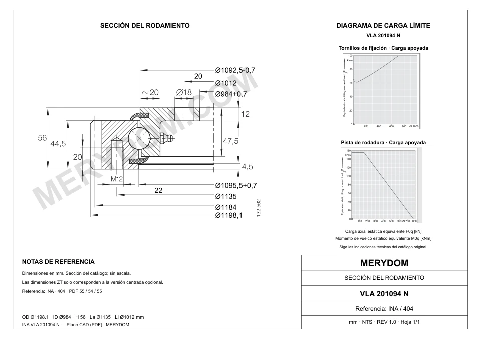 Plano CAD de la corona de giro de sustitución MERYDOM para INA VLA 201094 N, con dimensiones y orificios de montaje.