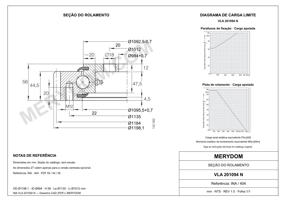 Desenho CAD do rolamento de giro de substituição MERYDOM para INA VLA 201094 N, com dimensões e furos de montagem.