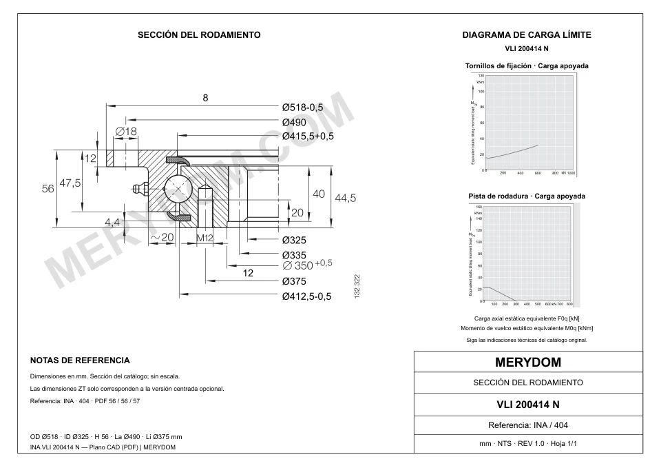 Plano CAD de la corona de giro de sustitución MERYDOM para INA VLI 200414 N, con dimensiones y orificios de montaje.