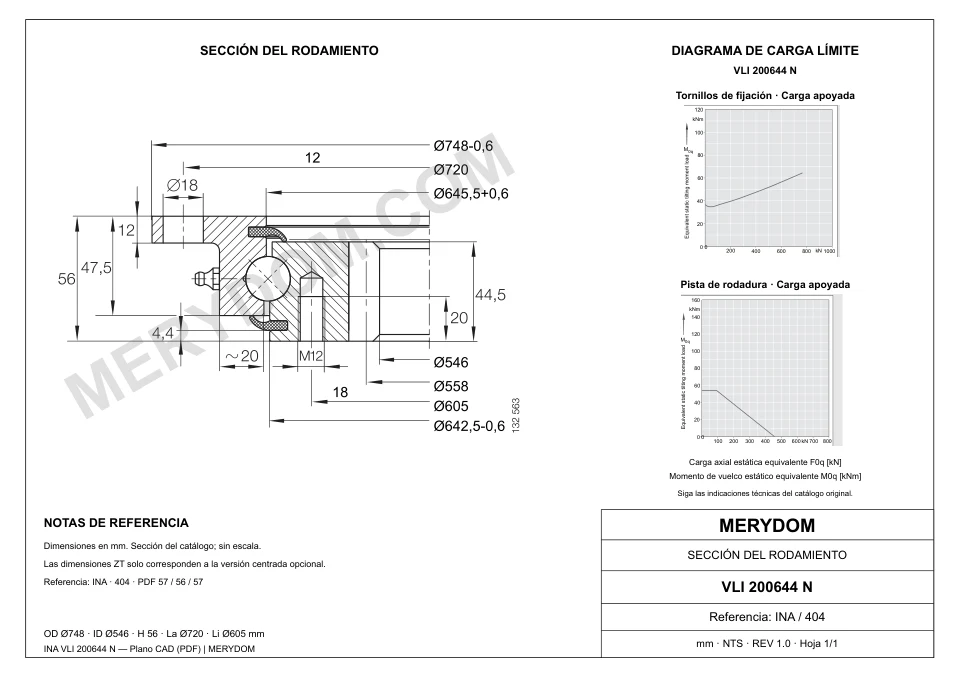 Plano CAD de la corona de giro de sustitución MERYDOM para INA VLI 200644 N, con dimensiones y orificios de montaje.