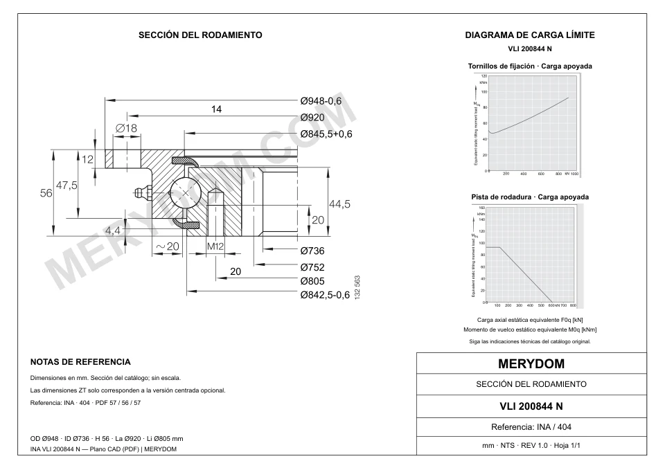 Plano CAD de la corona de giro de sustitución MERYDOM para INA VLI 200844 N, con dimensiones y orificios de montaje.