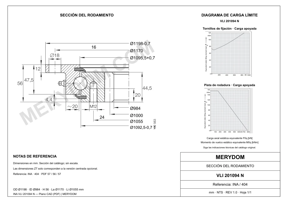 Plano CAD de la corona de giro de sustitución MERYDOM para INA VLI 201094 N, con dimensiones y orificios de montaje.