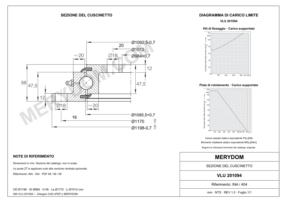 Disegno CAD del cuscinetto di rotazione sostitutivo MERYDOM per INA VLU 201094, con dimensioni e fori di montaggio.