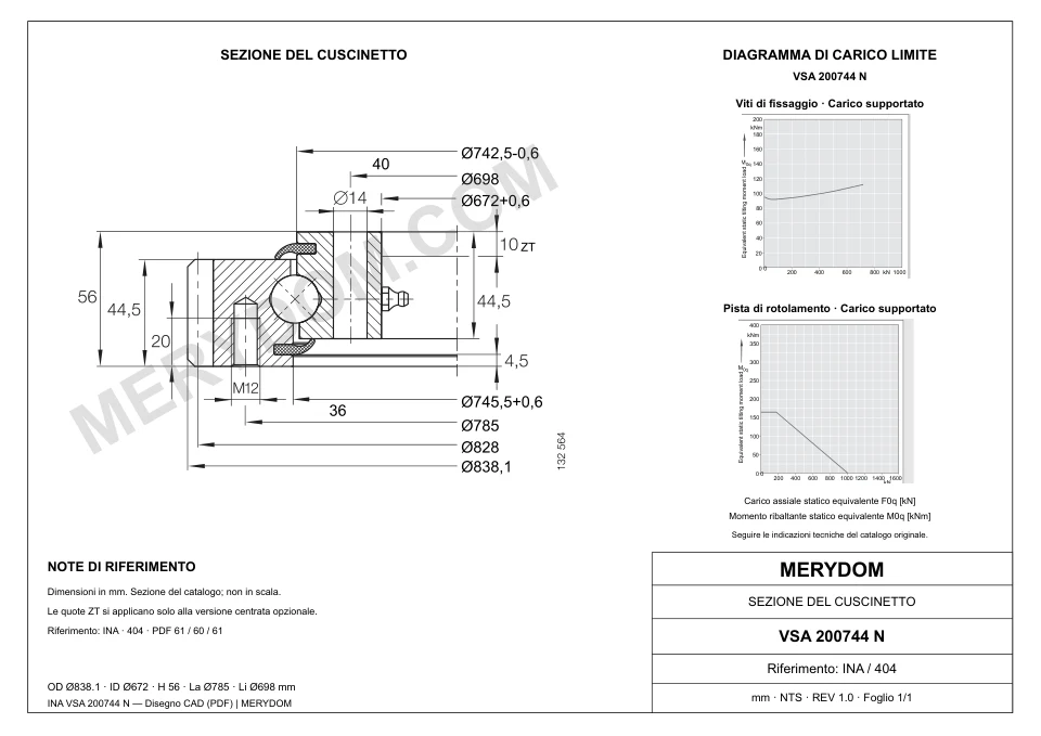 Disegno CAD del cuscinetto di rotazione sostitutivo MERYDOM per INA VSA 200744 N, con dimensioni e fori di montaggio.