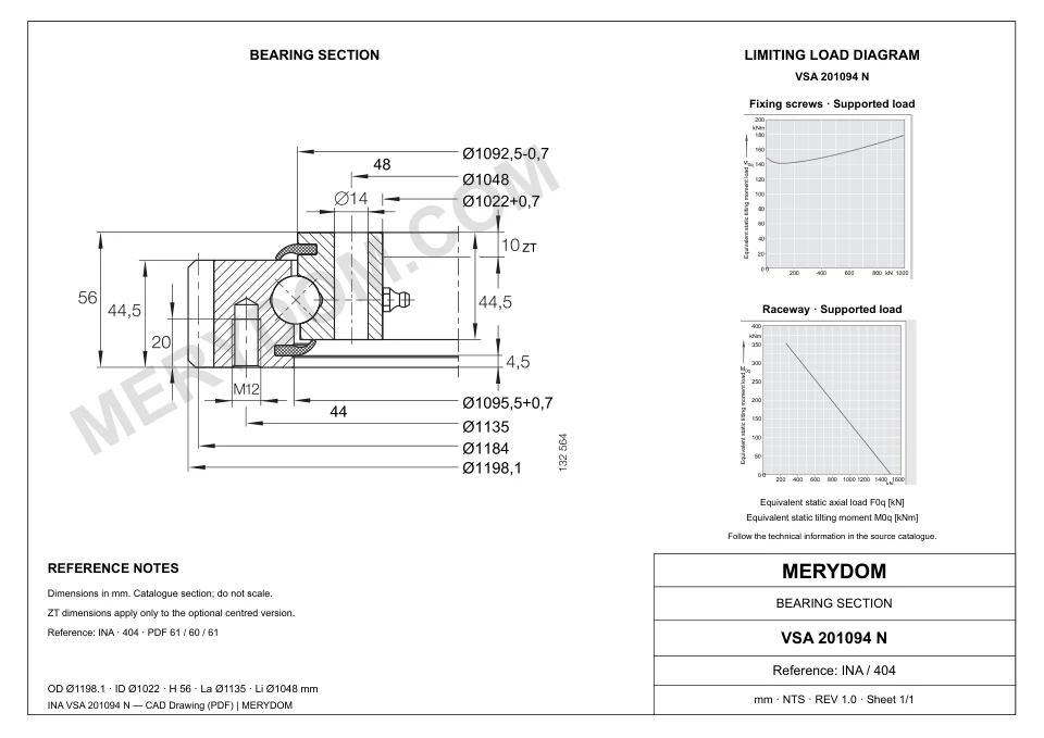 CAD drawing of the MERYDOM replacement slewing bearing for INA VSA 201094 N, showing dimensions and mounting holes.