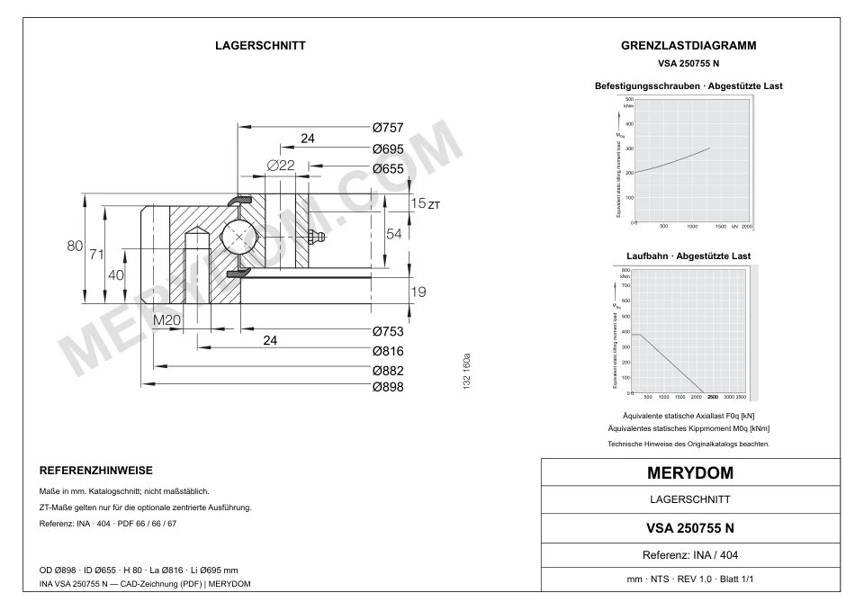 CAD-Zeichnung des MERYDOM-Ersatzdrehkranzes für INA VSA 250755 N mit Abmessungen und Befestigungsbohrungen.
