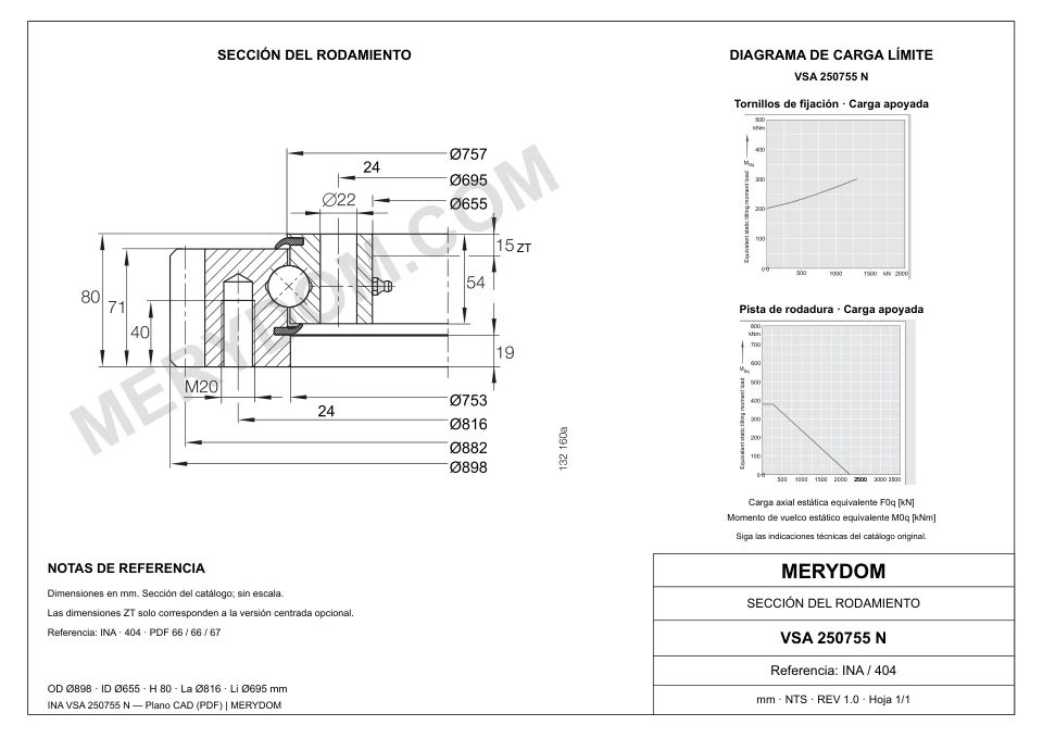 Plano CAD de la corona de giro de sustitución MERYDOM para INA VSA 250755 N, con dimensiones y orificios de montaje.