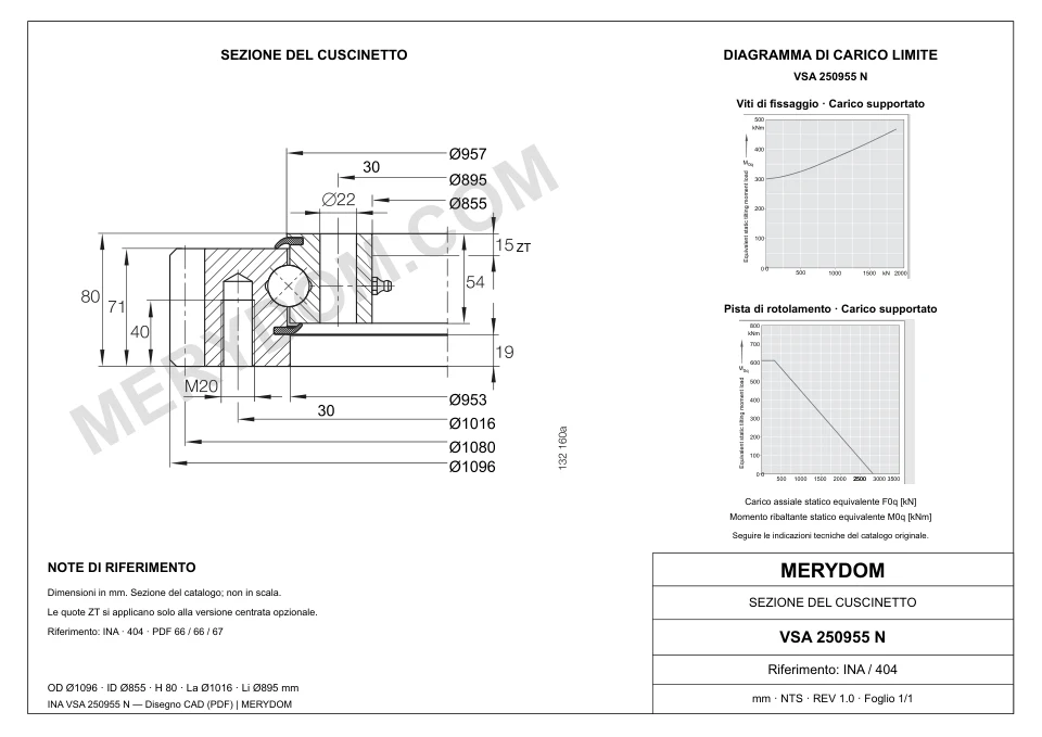 Disegno CAD del cuscinetto di rotazione sostitutivo MERYDOM per INA VSA 250955 N, con dimensioni e fori di montaggio.