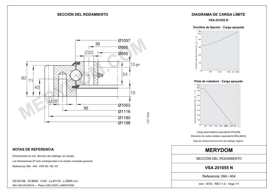 Plano CAD de la corona de giro de sustitución MERYDOM para INA VSA 251055 N, con dimensiones y orificios de montaje.