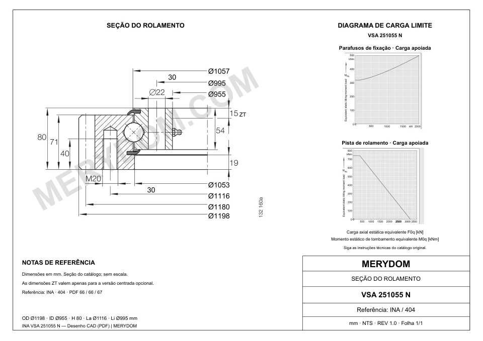 Desenho CAD do rolamento de giro de substituição MERYDOM para INA VSA 251055 N, com dimensões e furos de montagem.