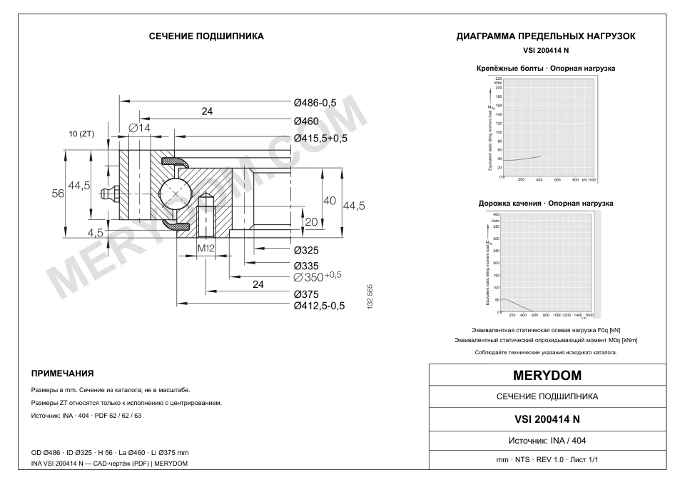 CAD-чертёж опорно-поворотного устройства MERYDOM для замены INA VSI 200414 N с размерами и монтажными отверстиями.