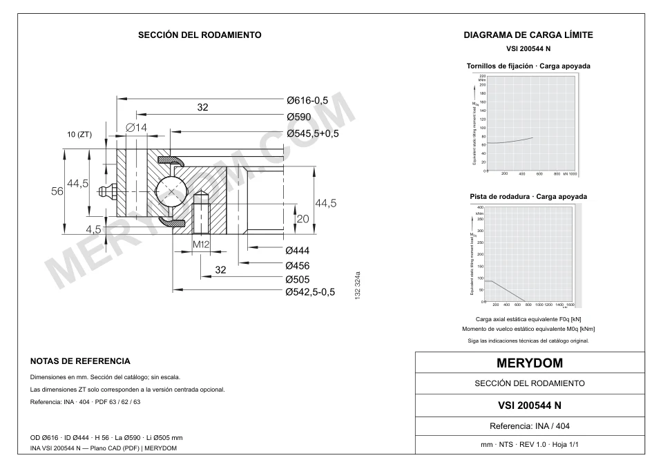 Plano CAD de la corona de giro de sustitución MERYDOM para INA VSI 200544 N, con dimensiones y orificios de montaje.
