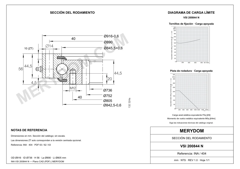 Plano CAD de la corona de giro de sustitución MERYDOM para INA VSI 200844 N, con dimensiones y orificios de montaje.