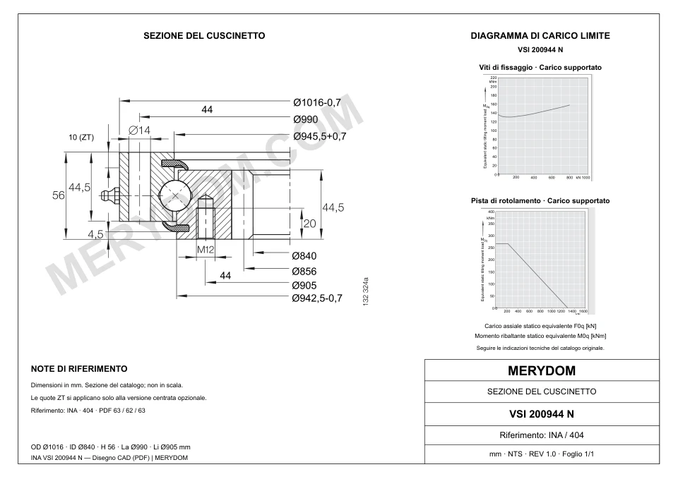 Disegno CAD del cuscinetto di rotazione sostitutivo MERYDOM per INA VSI 200944 N, con dimensioni e fori di montaggio.