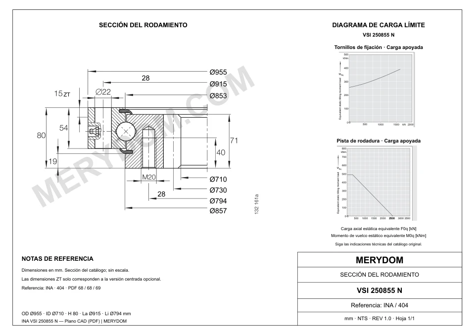 Plano CAD de la corona de giro de sustitución MERYDOM para INA VSI 250855 N, con dimensiones y orificios de montaje.
