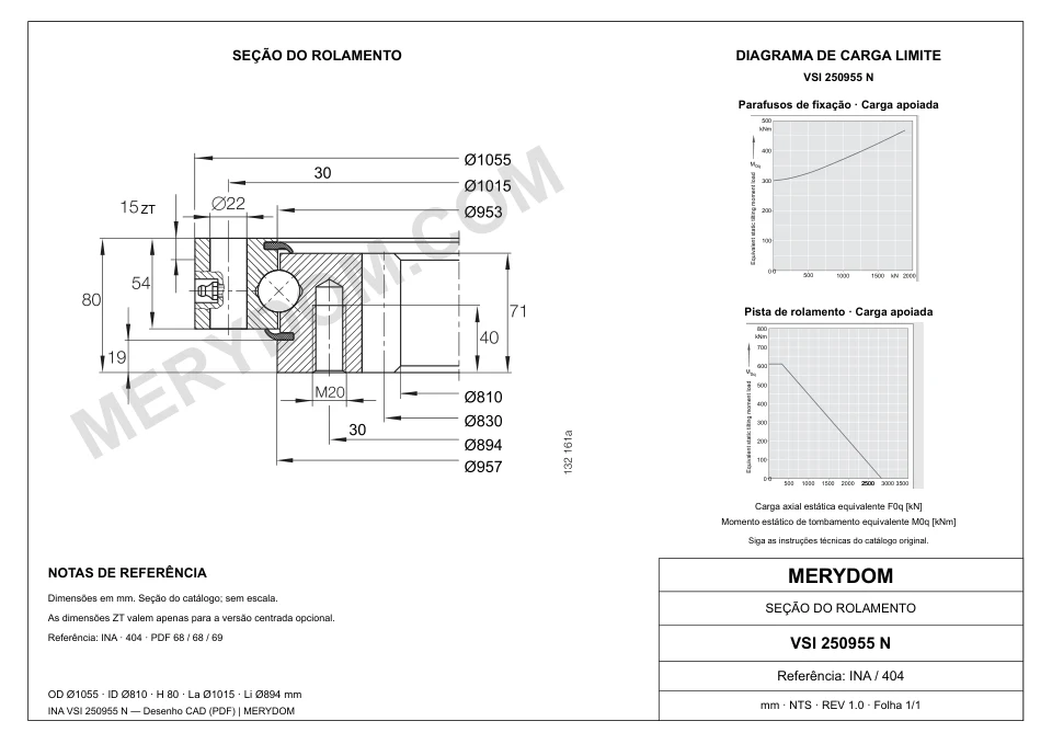 Desenho CAD do rolamento de giro de substituição MERYDOM para INA VSI 250955 N, com dimensões e furos de montagem.