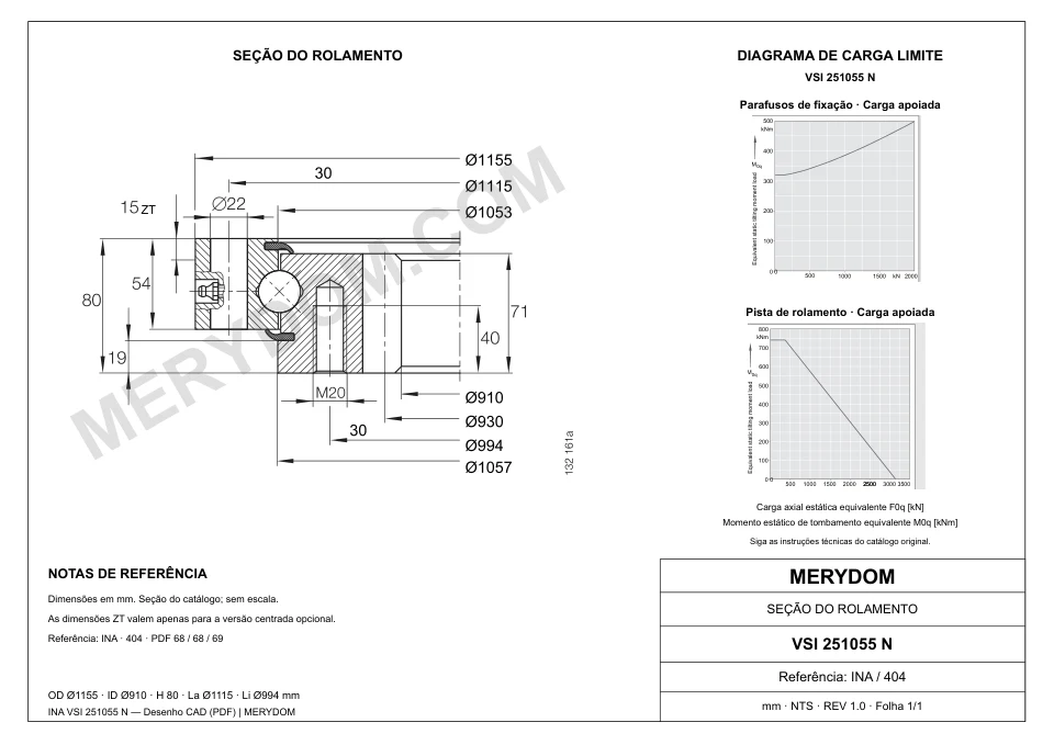 Desenho CAD do rolamento de giro de substituição MERYDOM para INA VSI 251055 N, com dimensões e furos de montagem.