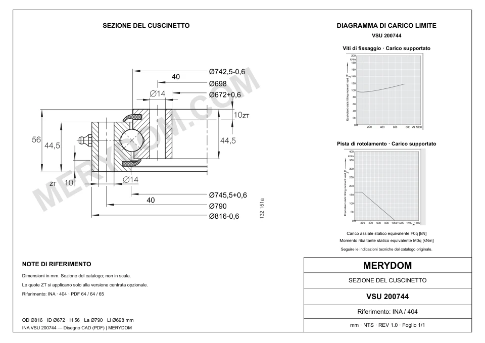 Disegno CAD del cuscinetto di rotazione sostitutivo MERYDOM per INA VSU 200744, con dimensioni e fori di montaggio.
