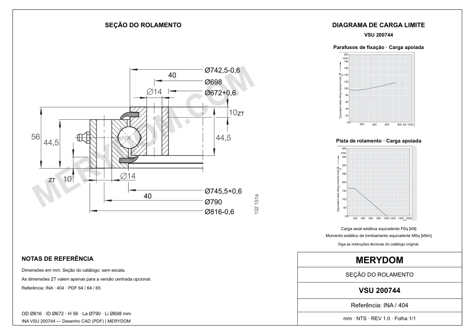 Desenho CAD do rolamento de giro de substituição MERYDOM para INA VSU 200744, com dimensões e furos de montagem.