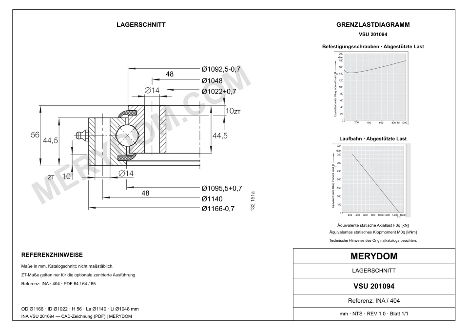 CAD-Zeichnung des MERYDOM-Ersatzdrehkranzes für INA VSU 201094 mit Abmessungen und Befestigungsbohrungen.