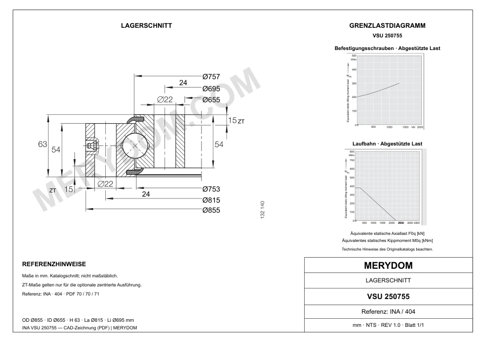 CAD-Zeichnung des MERYDOM-Ersatzdrehkranzes für INA VSU 250755 mit Abmessungen und Befestigungsbohrungen.