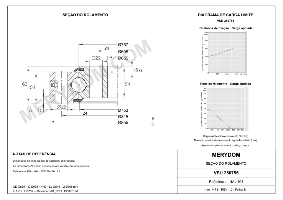 Desenho CAD do rolamento de giro de substituição MERYDOM para INA VSU 250755, com dimensões e furos de montagem.