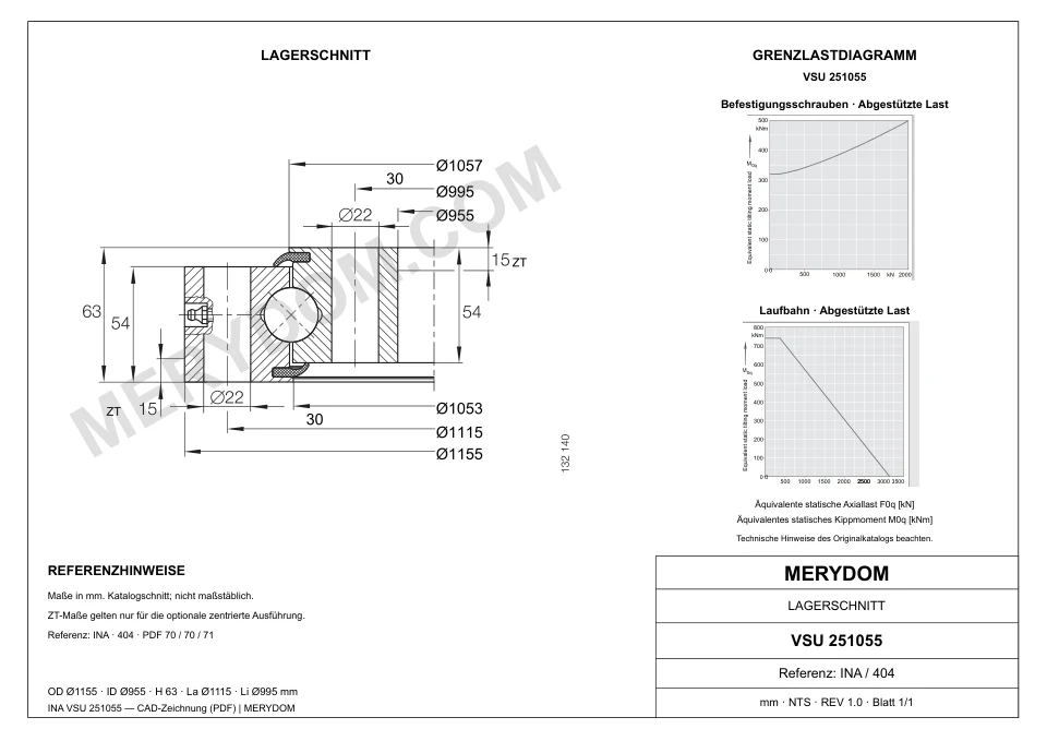 CAD-Zeichnung des MERYDOM-Ersatzdrehkranzes für INA VSU 251055 mit Abmessungen und Befestigungsbohrungen.