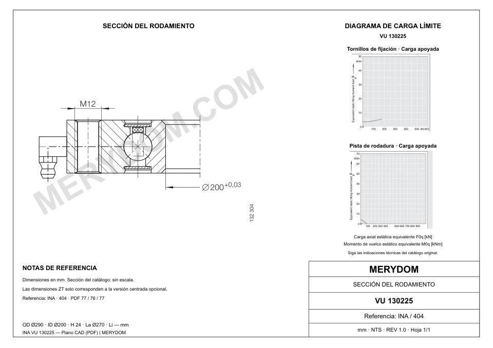Plano CAD de la corona de giro de sustitución MERYDOM para INA VU 130225, con dimensiones y orificios de montaje.