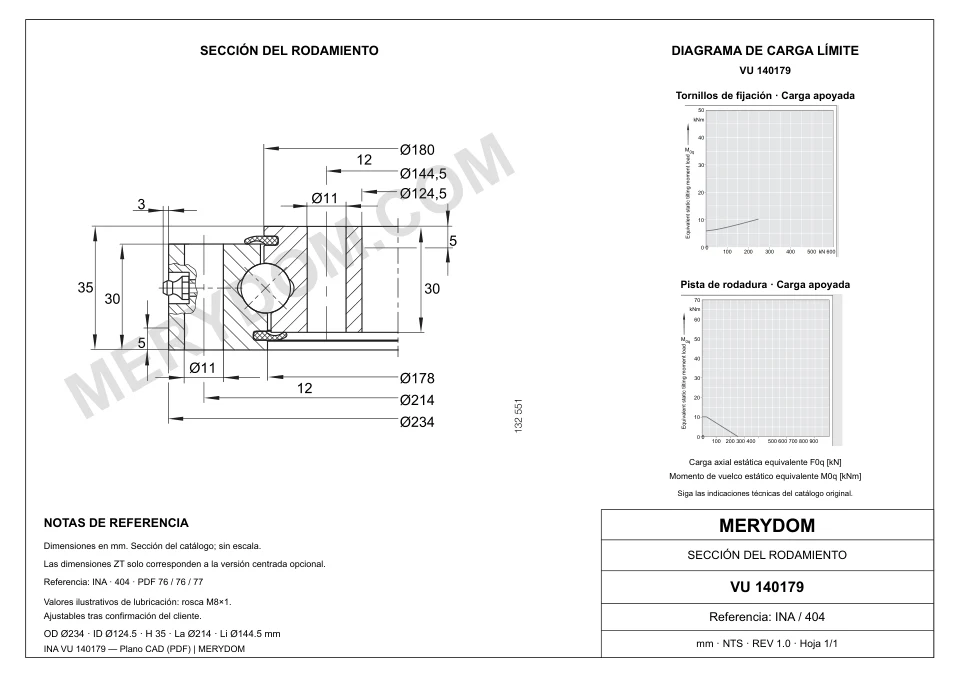 Plano CAD de la corona de giro de sustitución MERYDOM para INA VU 140179, con dimensiones y orificios de montaje.