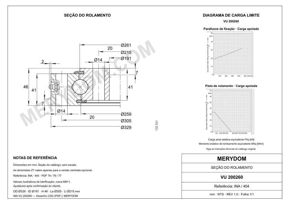 Desenho CAD do rolamento de giro de substituição MERYDOM para INA VU 200260, com dimensões e furos de montagem.