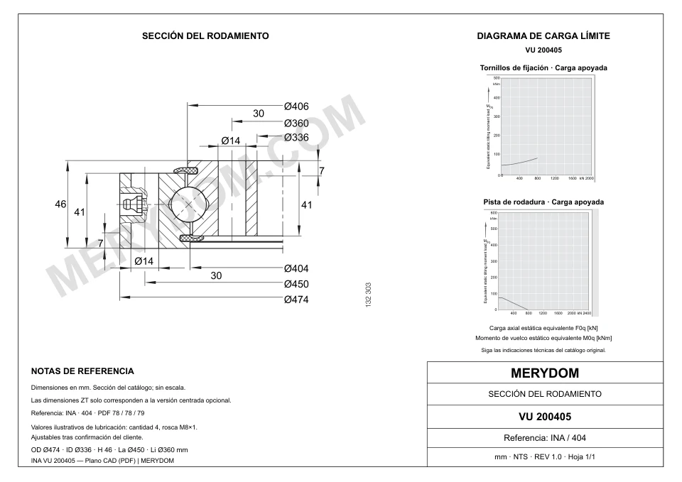 Plano CAD de la corona de giro de sustitución MERYDOM para INA VU 200405, con dimensiones y orificios de montaje.